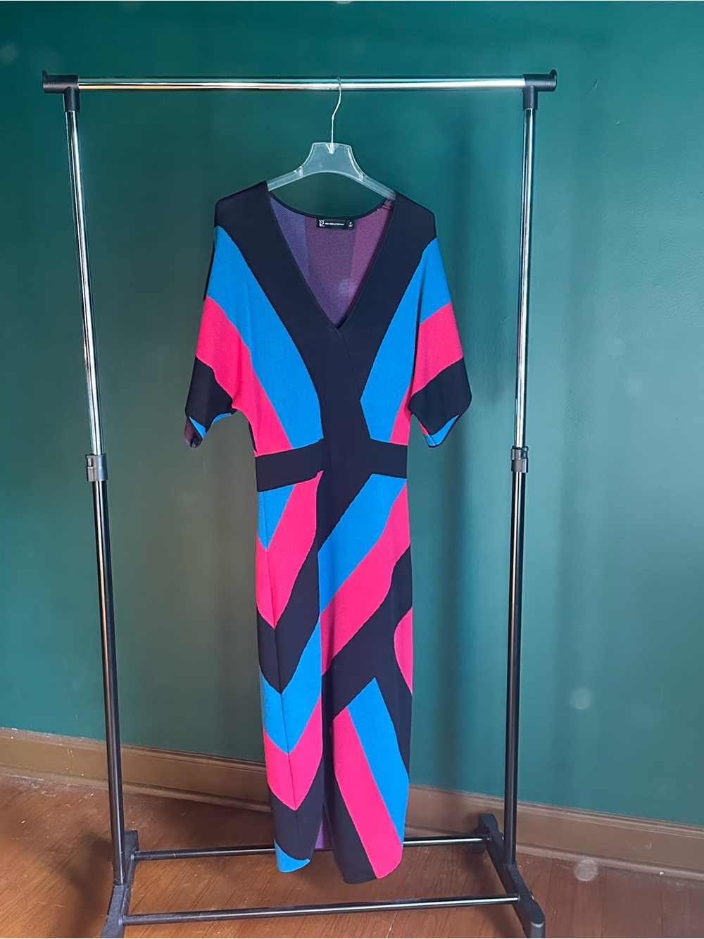 New York & Company Colorblock V-Neck Midi Dress in Black, Blue & Pink
